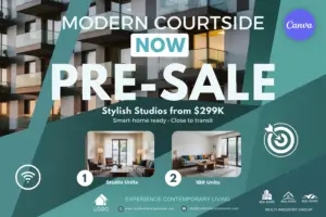 Free pre-sale real estate flyer template with teal diagonal design, featuring contemporary condo building and stylish interiors for Canva