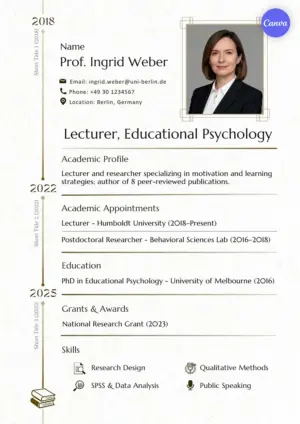 Free professor resume template for Canva with timeline design, professional headshot frame, and elegant cream gold academic styling