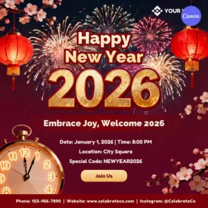 Free burgundy red Happy New Year 2026 social media template with golden glitter text, vintage clock, lanterns, and fireworks for Canva