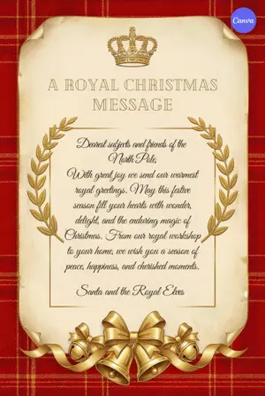 Free royal Santa letter template with golden crown laurel wreaths parchment scroll design on red tartan plaid background and A Royal Christmas Message header