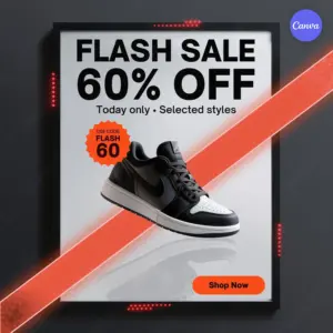 Free sneaker sale Instagram template with black and orange flash sale design featuring 60 percent off discount code and shop now button