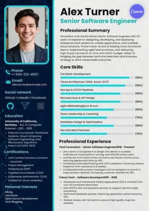 Free software engineer resume template for Canva with dark blue tech design, skill bars, and AWS certifications