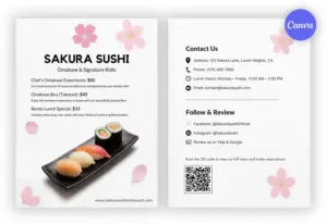 Free sushi restaurant flyer template featuring sakura cherry blossom design, elegant omakase menu layout, and Japanese cuisine photography for Canva