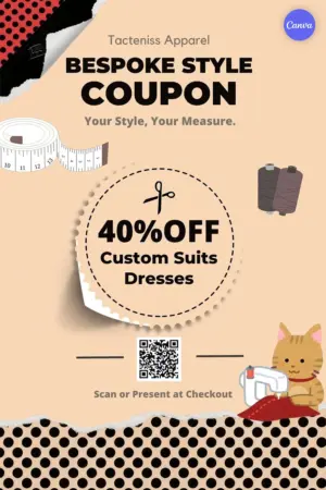 Free tailor shop Instagram template featuring vintage bespoke style coupon with 40 percent off and cute cat sewing illustration