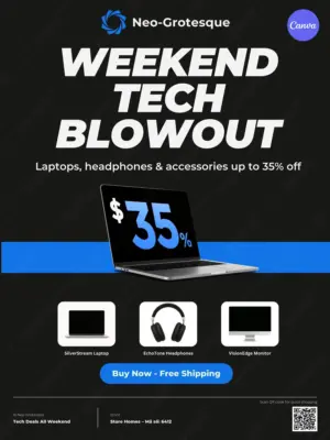 Free tech sale flyer template featuring laptop photography, electronics discount design, and 35% off promotion for Canva