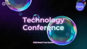 Free technology conference video template for Canva featuring holographic bubbles on dark grid background with 2026 Global Tech Summit text and logo placeholder