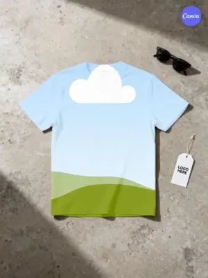 Free t-shirt mockup all-over print flat lay on concrete with sunglasses and logo tag for merchandise presentation in Canva