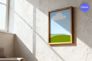 Free wall art mockup with wooden frame on white textured wall with natural window light for art print display in Canva