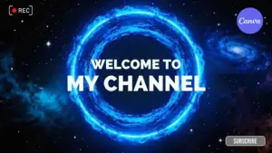 Free YouTube intro template for Canva featuring blue energy portal ring on cosmic space background with subscribe button and REC indicator