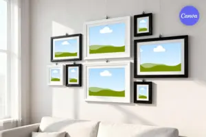 Gallery wall mockup with multiple black and white frames in living room setting for art display in Canva