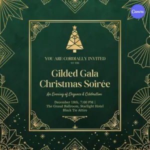 Gilded gala Christmas soirée invitation template featuring luxurious gold accents and elegant design for upscale holiday party celebrations