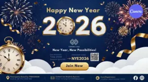Golden and navy blue Happy New Year 2026 banner template with 3D typography, vintage clock, fireworks, and clouds for Canva