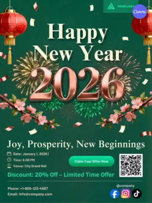 Emerald green Happy New Year 2026 flyer template with rose gold 3D typography, red lanterns, cherry blossoms, and fireworks for Canva