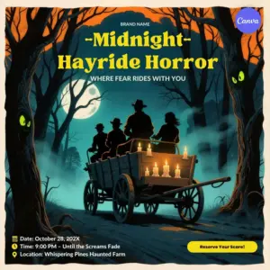 Halloween hayride Instagram template with candlelit wagon silhouettes in dark forest under orange full moon