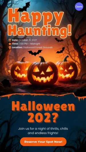 Halloween party Instagram story template with three glowing jack-o-lanterns in spooky forest and orange event button