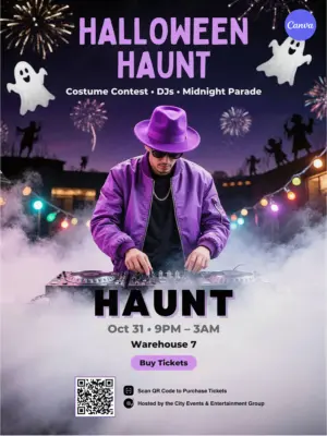 Halloween party poster template with spooky DJ in purple outfit, ghost graphics, fireworks, October 31 date at Warehouse venue, QR code, and buy tickets button