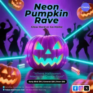 Halloween rave Instagram template with neon purple glowing jack-o-lantern laser beams and dancing silhouettes