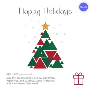 Happy Holidays card template with minimalist geometric Christmas tree in red and green triangles on white background