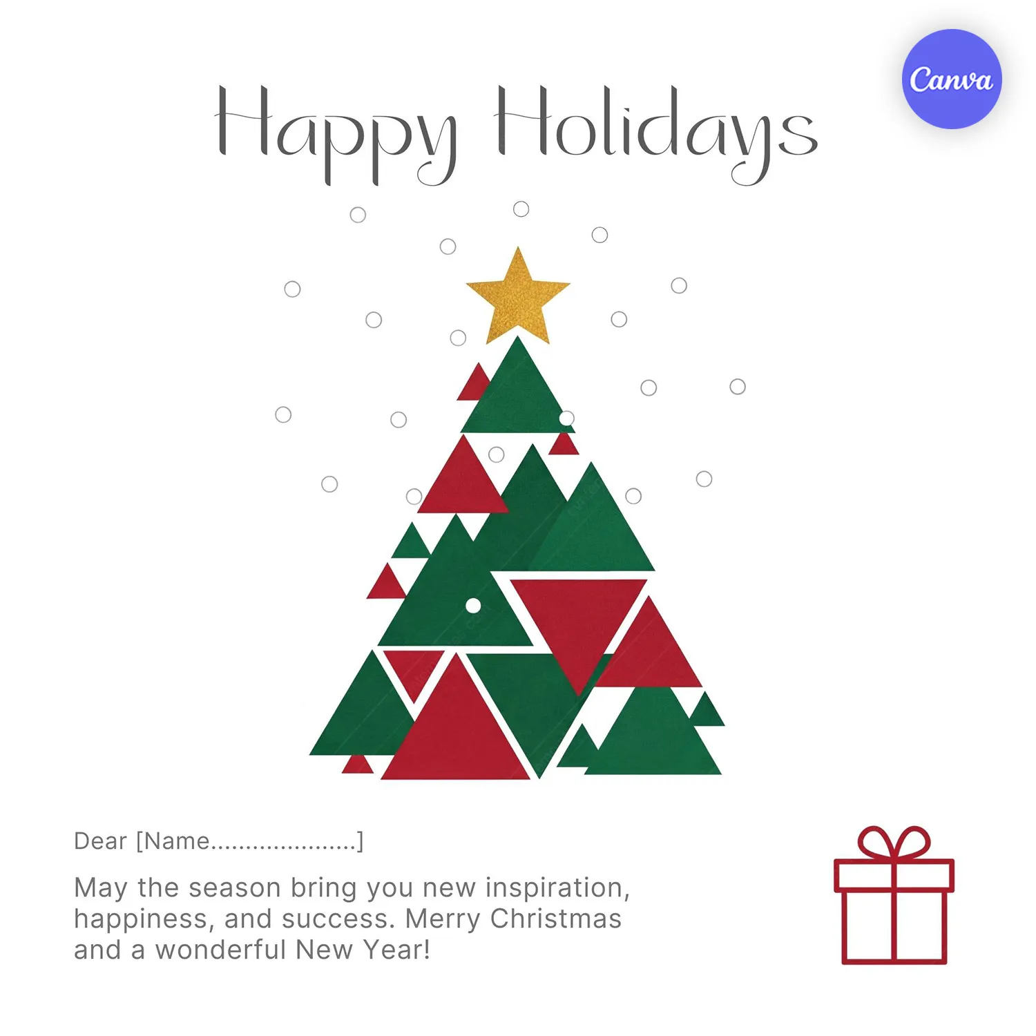 Happy Holidays card template with minimalist geometric Christmas tree in red and green triangles on white background