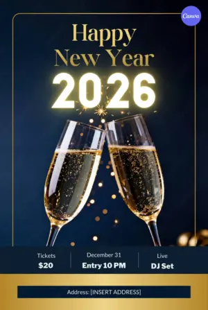 Happy New Year 2026 poster template with champagne glasses toasting on elegant navy blue and gold background