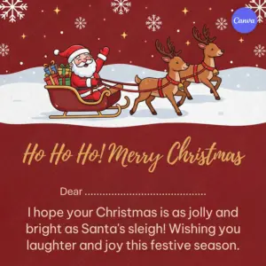 Ho Ho Ho Merry Christmas card template with Santa Claus sleigh reindeer and snowflakes on red background