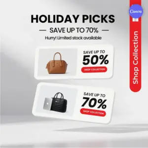 Holiday sale Instagram template with minimalist product cards showing handbags and discount percentages