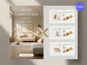 Home decor sale flyer template featuring elegant living room photography, luxury essentials product showcase, and 50% discount design for Canva