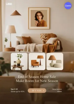 Home decor sale poster template with warm styled living room, furniture product cards, save up to 45%, September 1-10 dates, HOME45 promo code, and buy now button