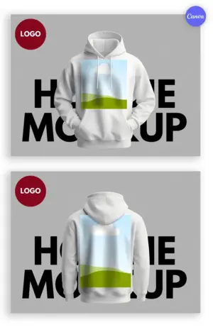 Hoodie mockup front and back view on gray background for streetwear design presentation in Canva