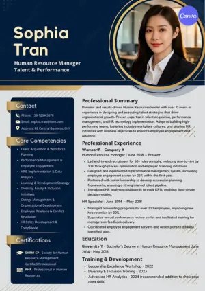 HR manager resume template for Canva with navy gold executive design, core competencies, and leadership experience
