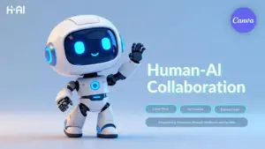Human-AI Collaboration video template for Canva featuring cute waving robot on light blue background with learn more get started explore cases buttons