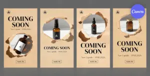 Minimalist coming soon Instagram templates with torn paper effect revealing amber glass bottles for beauty product launch announcement