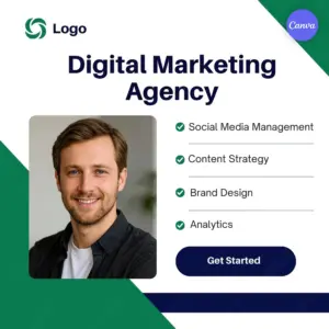 Digital marketing agency Instagram post template with green geometric design, professional photo, and service checklist for social media management