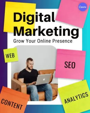 Vibrant digital marketing Instagram post with colorful sticky notes highlighting SEO, web design, content, and analytics for social media marketing