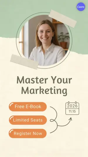 Elegant Instagram template for marketing webinar promotion with circular photo frame, sage green color scheme, and event registration details