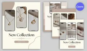 Elegant new collection Instagram templates displaying jewelry products in smartphone mockups with cream and rose gold luxury design aesthetic