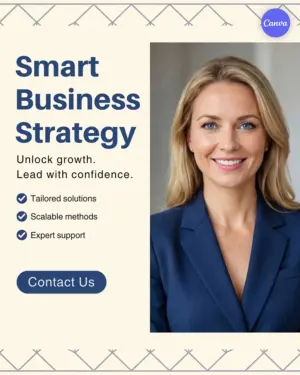 Professional business consulting Instagram template with cream and navy colors showing strategic advisor and tailored solutions checklist