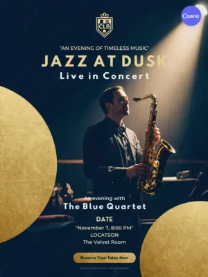 Jazz concert poster template with elegant saxophonist under spotlight, gold circular accents, November 7 at 8PM at The Velvet Room, featuring The Blue Quartet