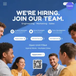 Job recruitment poster template with dynamic diverse team meeting, blue background, engineering marketing sales roles, hybrid work details, QR code, and application button