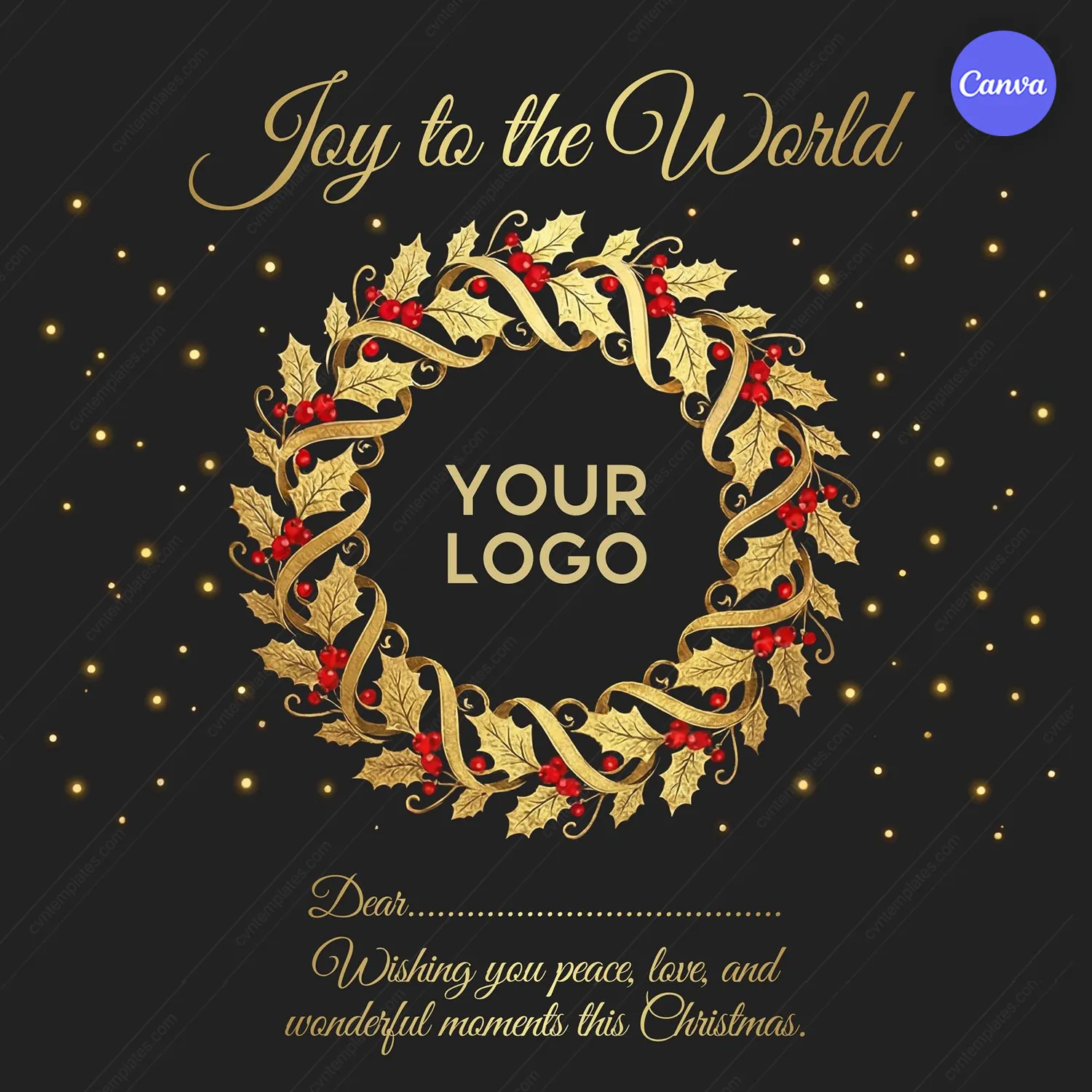 Joy to the World card template with gold holly wreath red berries and twinkling lights on dark background