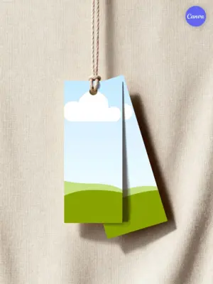 Label mockup hanging tag on jute rope with linen background for branding and packaging design in Canva