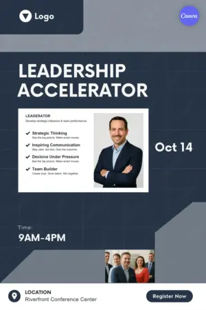 Free leadership training poster template with dark blue background, executive trainer photo, skill checklist, October 14 date, team photo, and register now button for corporate workshop