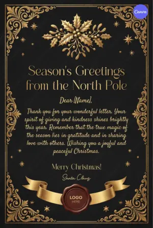 Luxury black and gold Santa letter template with ornate Victorian corner flourishes golden holly wax seal ribbon and Season's Greetings from North Pole