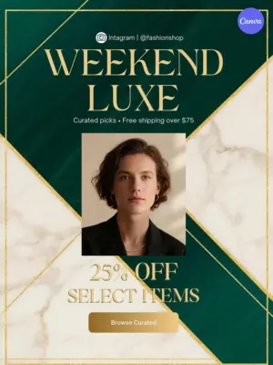 Luxury fashion Instagram story template with green marble and gold design featuring model photo and 25 percent off weekend sale