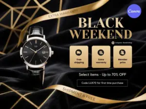 Luxury watch sale Instagram template with black and gold design featuring 70 percent off discount and free shipping warranty benefits
