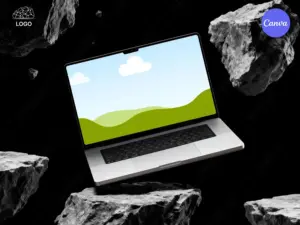MacBook Pro mockup floating with space rocks on black background for app and website presentation in Canva