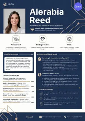 Marketing specialist resume template for Canva with navy gold design, competency bars, and brand strategy experience