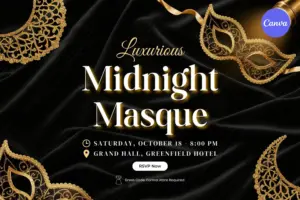 Masquerade ball flyer template featuring luxurious gold venetian masks on black velvet, elegant formal party design for Canva