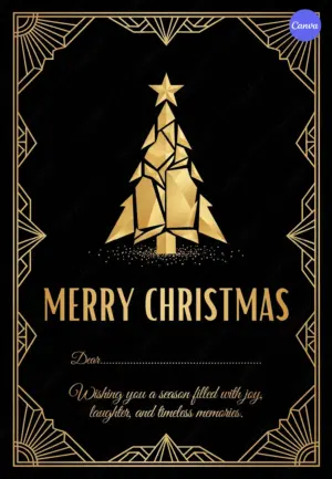 Merry Christmas card template with luxury gold geometric tree and Art Deco frame on black background