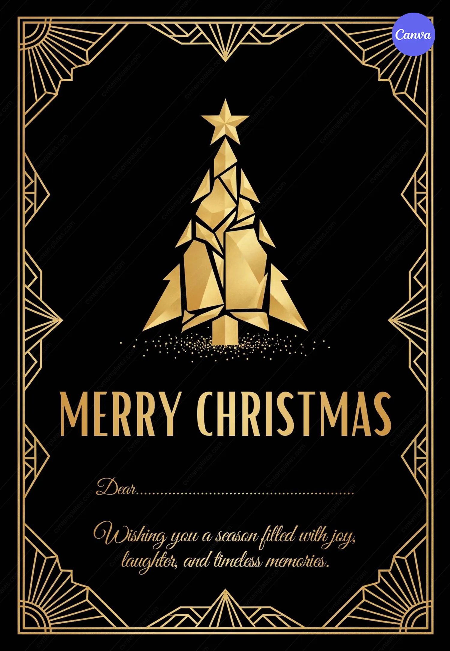 Merry Christmas card template with luxury gold geometric tree and Art Deco frame on black background